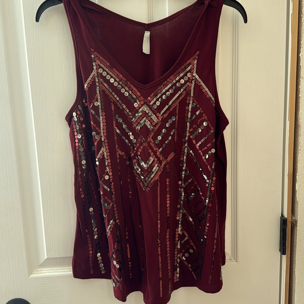 Women’s Burgundy V neck Sequin Tank